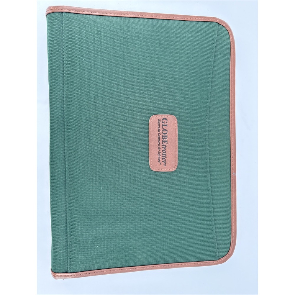 Vintage 1990s Globe-Weis Zippered Portfolio Organizer Green Canvas Brown Pad Pen